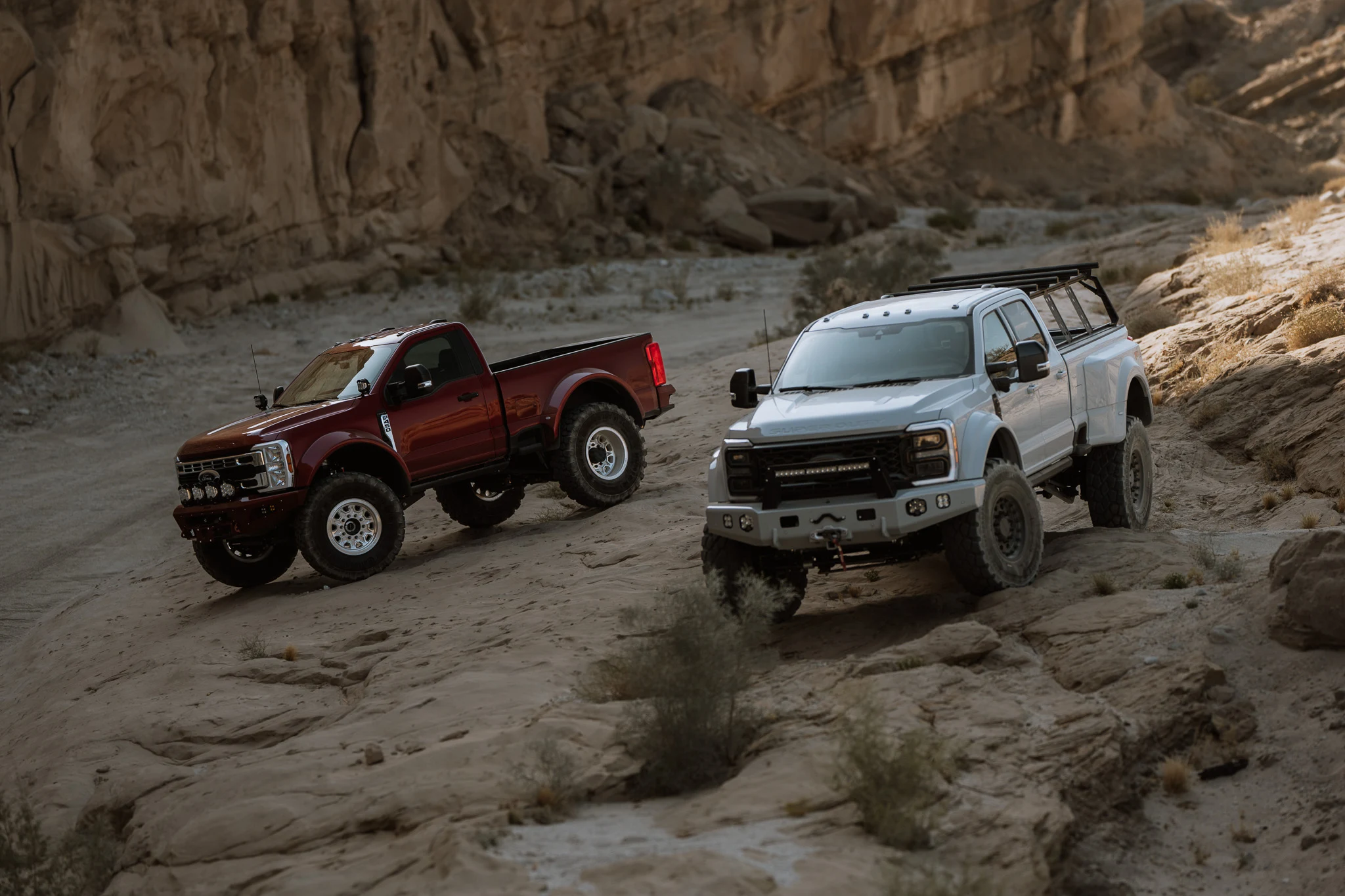 Red and white Truman trucks exploring a desert canyon together